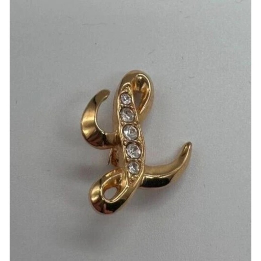 AVON Gold Tone‎ Script Initial L Brooch Pin with Clear Rhinestones Vintage